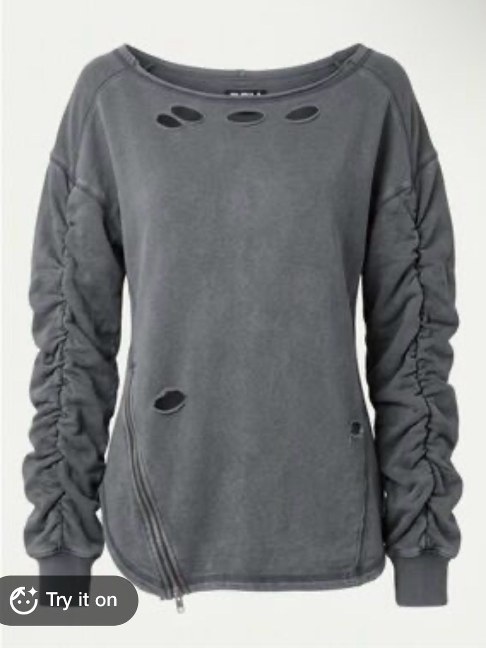 Ruched Sleeve Distressed Sweatshirt - Charcoal
